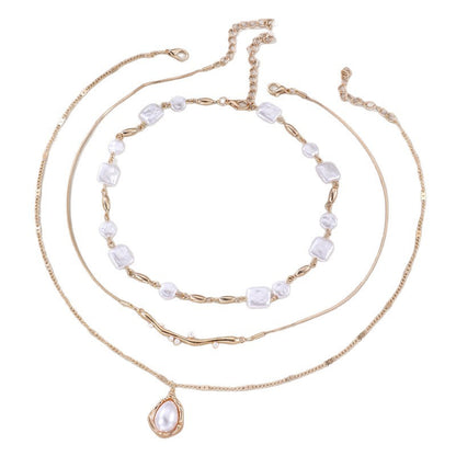 Geometric Pearl Layered Chain Necklace