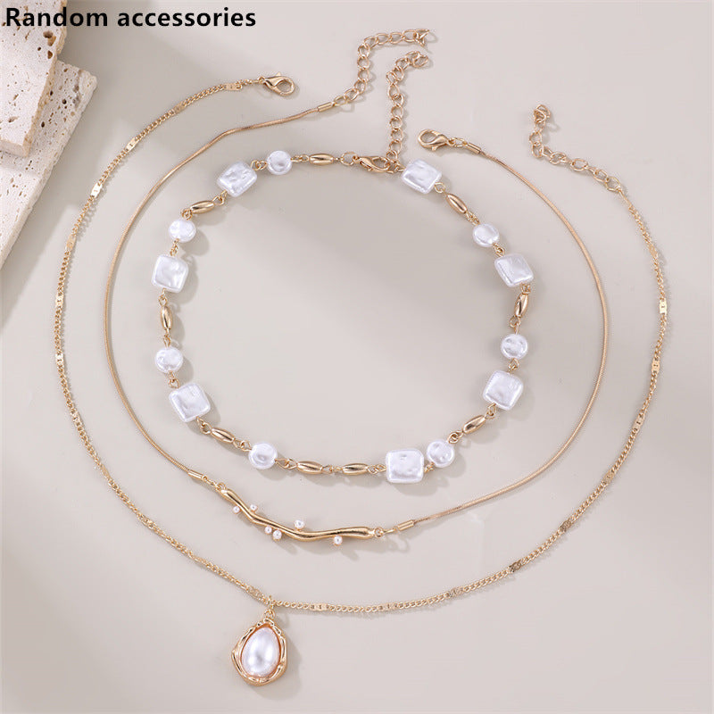 Geometric Pearl Layered Chain Necklace