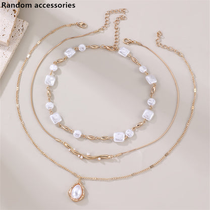 Geometric Pearl Layered Chain Necklace