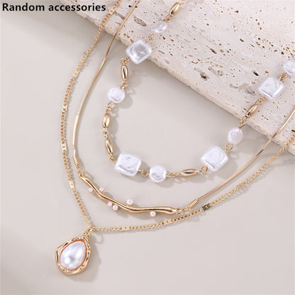 Geometric Pearl Layered Chain Necklace