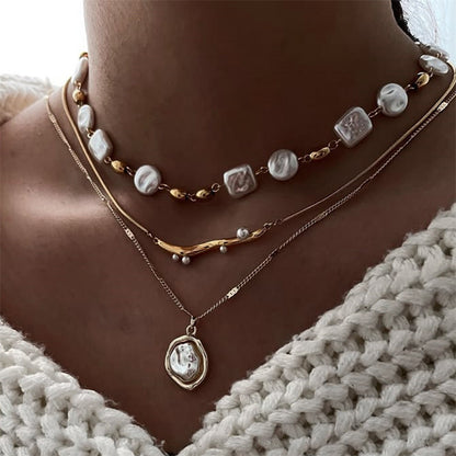 Geometric Pearl Layered Chain Necklace
